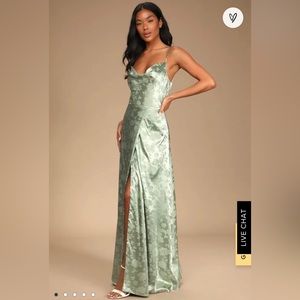 Lulus Simply Dreamy Sage Green Satin Floral Jacquard Maxi Dress size M